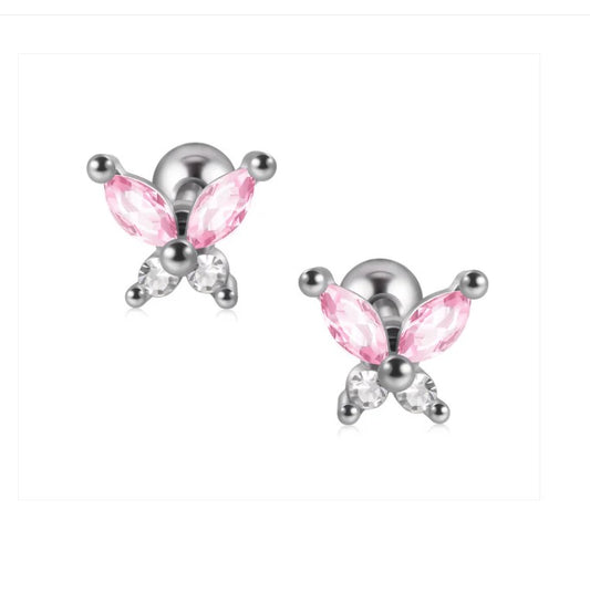 Baby and Children's Earrings:  Surgical Steel with Pink/White CZ Butterflies with Screw Backs