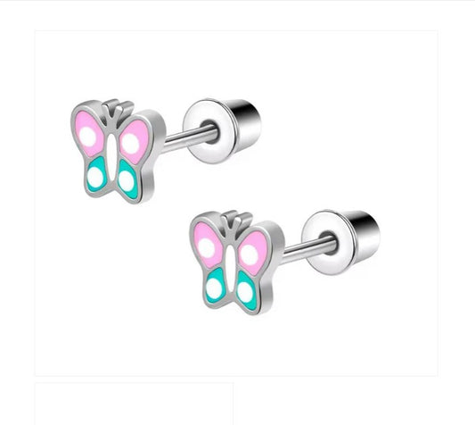 Baby and Children's Earrings:  Surgical Steel Butterflies with Enamelling and Screw Backs