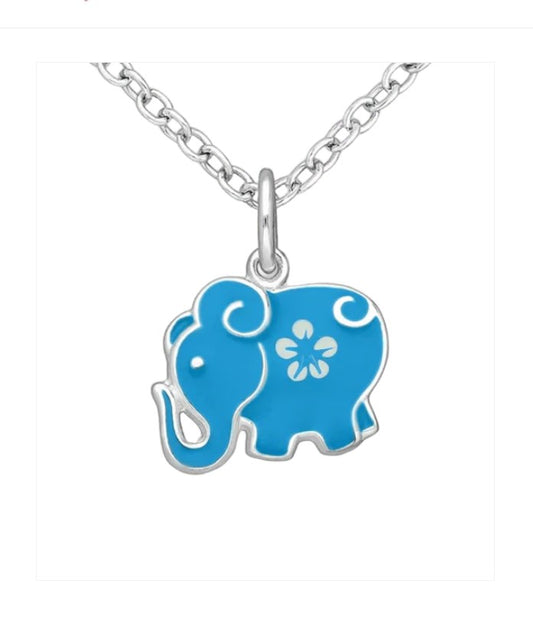 Children's Necklaces:  Sterling Silver, Blue Enamel Elephant With Flower Necklaces