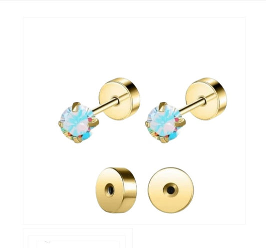 Baby and Children's Earrings:  Surgical Steel with Gold IP, Aurora Borealis CZ with Screw Backs