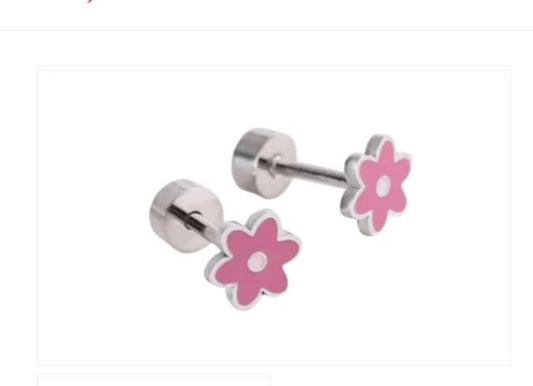 Children's Earrings:   Surgical Steel Pink Flowers with Screw Backs