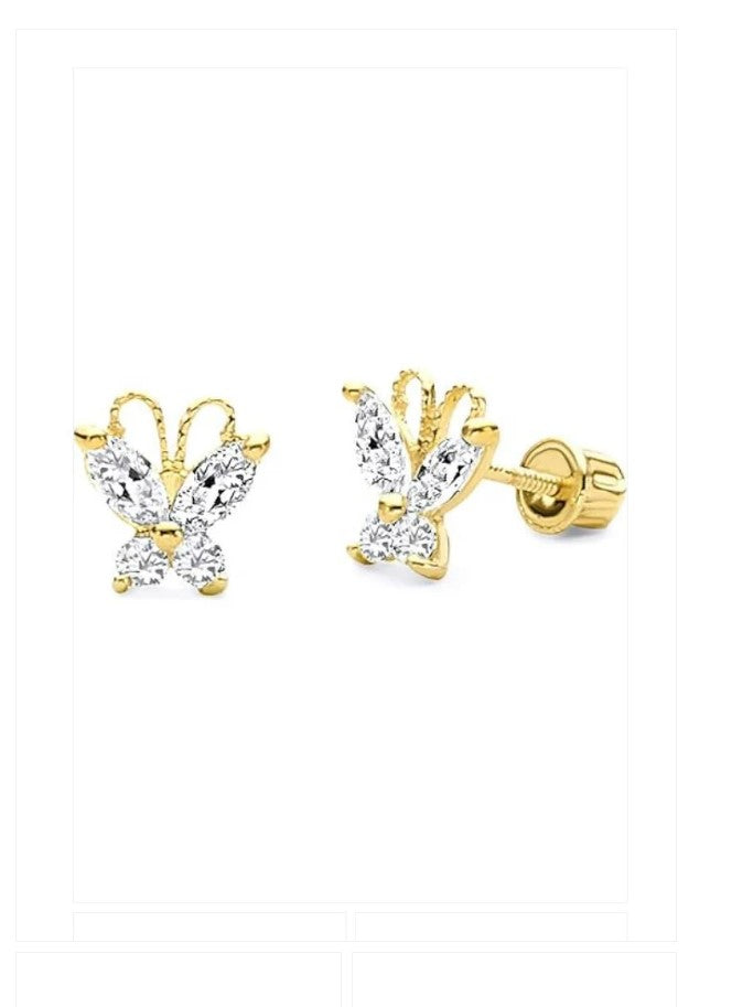 Children's Earrings:  14k Gold AAA Pink CZ Butterflies with Screw Backs and Gift Box