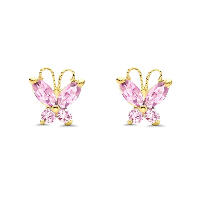 Children's Earrings:  14k Gold AAA Pink CZ Butterflies with Screw Backs and Gift Box