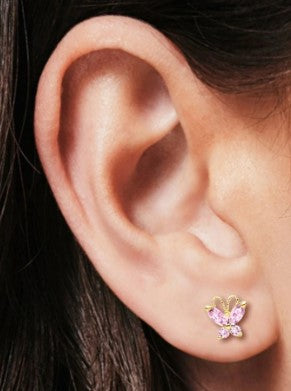 Children's Earrings:  14k Gold AAA Pink CZ Butterflies with Screw Backs and Gift Box