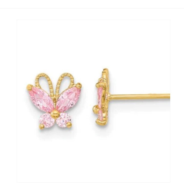 Children's Earrings:  14k Gold AAA Pink CZ Butterflies with Screw Backs and Gift Box