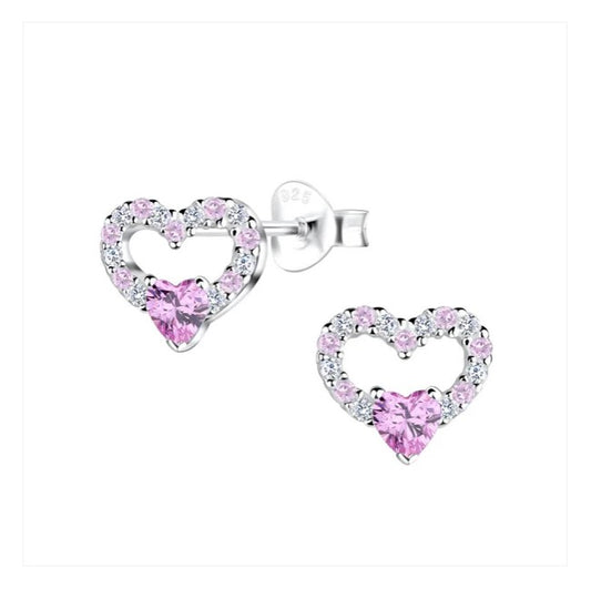 Children's and Teens' Earrings:  Sterling Silver Pink and White CZ Open Hearts