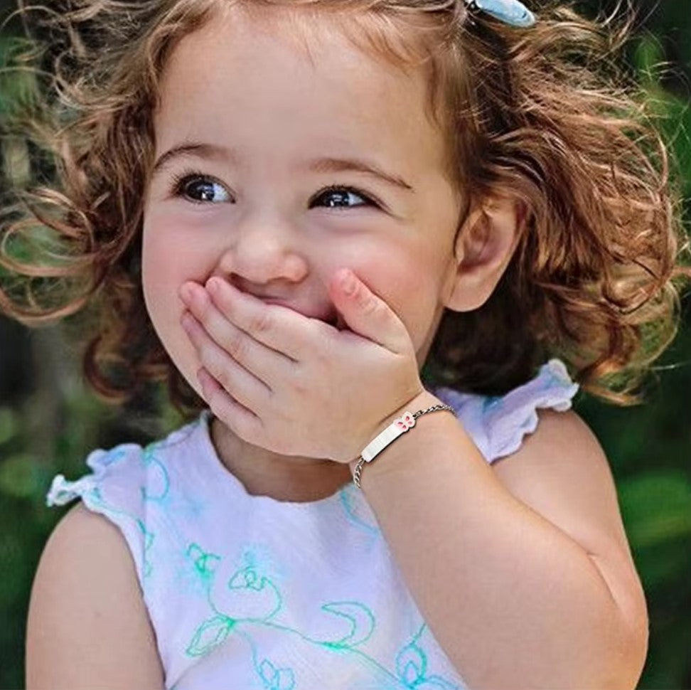 Baby and Children's Bracelets:  Polished Steel wiith Pink Butterfly