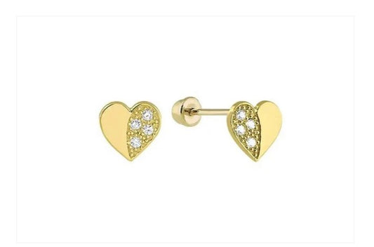 Baby and Children's Earrings:  14k Gold Semi Pave CZ Hearts with Screw Backs and Gift Box