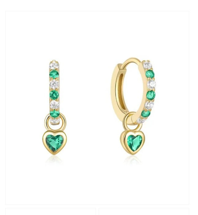 Children's Earrings:  14k Gold over Sterling Silver Green/White CZ Huggies with Green CZ Hearts