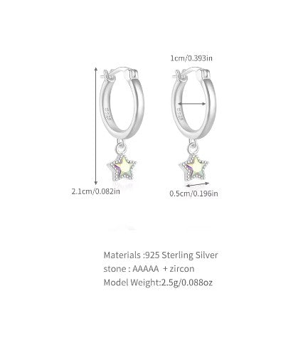 Children's and Teens' Earrings:  Sterling Silver French Lock Hoops with Aurora Borealis Stars