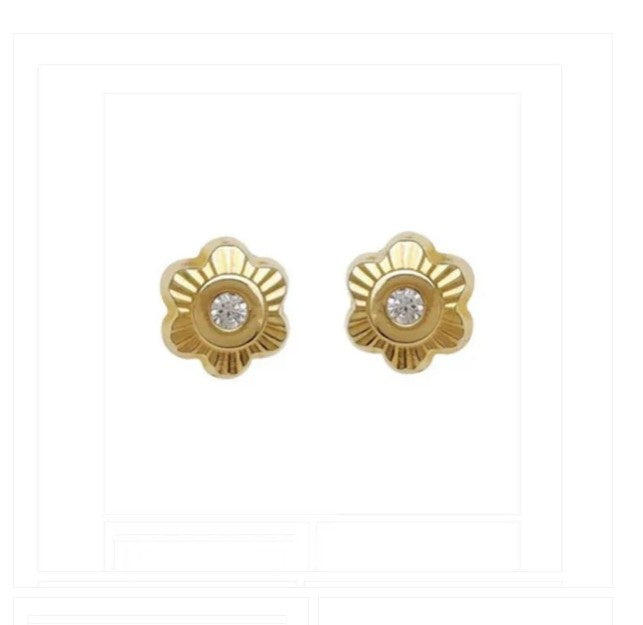 Baby Earrings:  14k Gold Sunray (Diamond Cut) Tiny Flowers with AAA Central CZ and Screw Backs and Gift Box