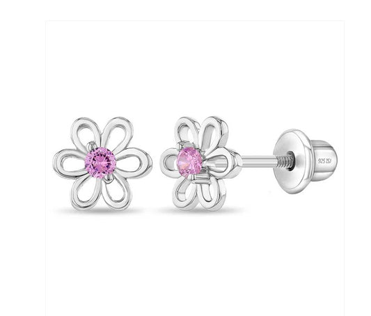 Baby and Children's Earrings:  Sterling Silver Open Flowers with Pink Centres and Screw Backs