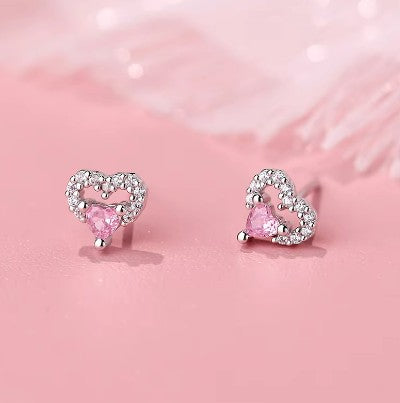 Children's Earrings:  Sterling silver AAA CZ Heart on Heart Earrings with Push Backs