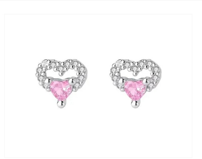 Children's Earrings:  Sterling silver AAA CZ Heart on Heart Earrings with Push Backs