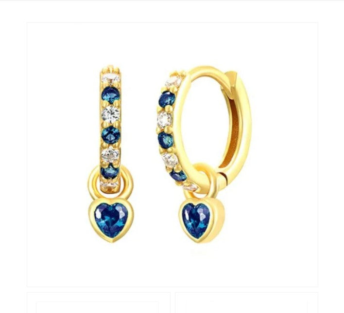 Children's Earrings:  14k Gold over Sterling SilverDark Blue/White Huggies with Dark Blue Hearts