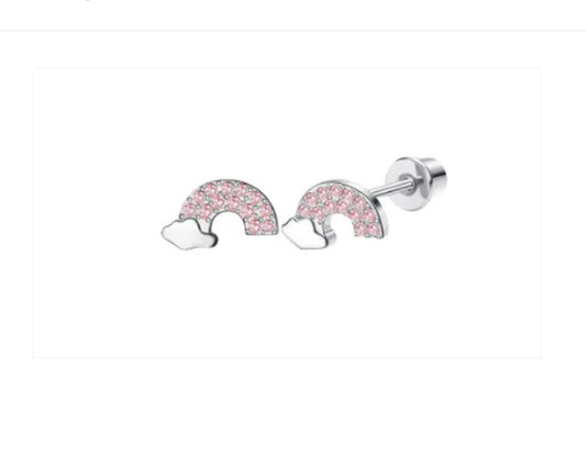 Children's, Teens' and Mothers' Earrings:  Surgical Steel Pink CZ Rainbows with Clouds with Screw Backs