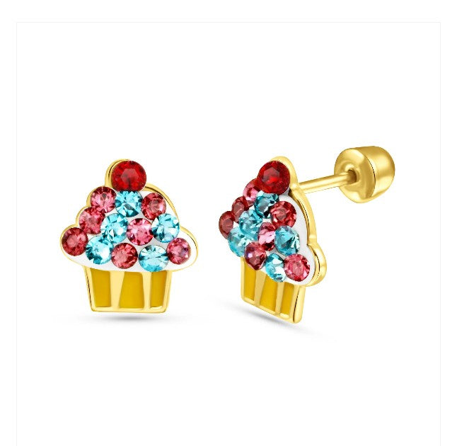 Children's Earrings:  14k Gold Pink/Blue CZ Cupcake Earrings with Screw Backs