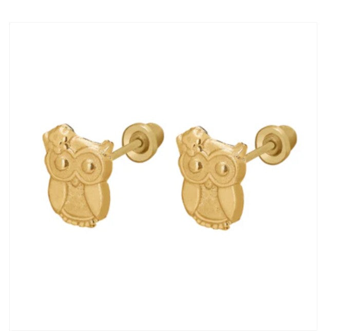 Children's Earrings:  14k Gold Owl with Flower, Screw Backs and Gift Box