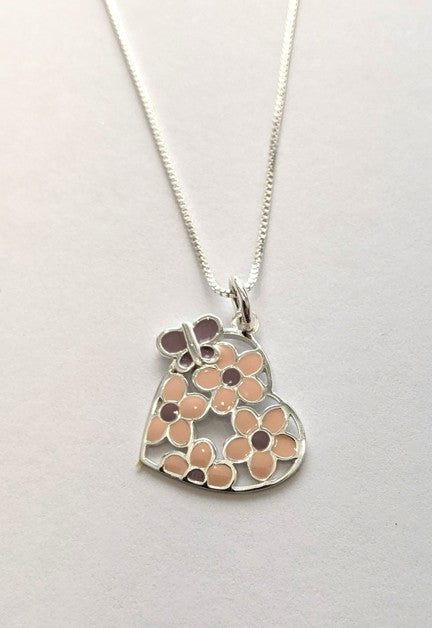 Children's Necklaces:  Sterling Silver Flowery Heart with Butterfly Necklace