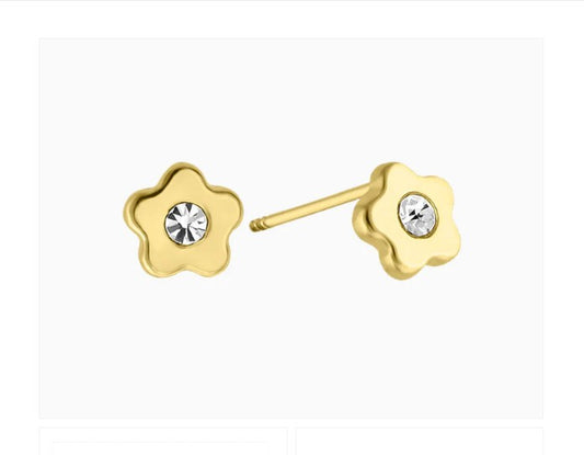 Baby Earrings:  9k Gold Petite Flowers with CZ with Screw Backs for Newborns with Gift Box