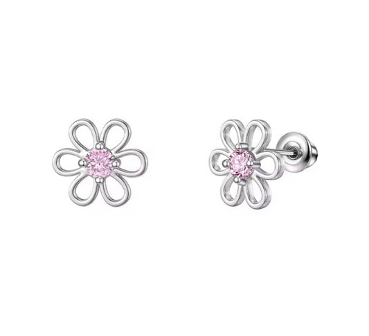 Children's Earrings:  Surgical Steel Flowers with Pink CZ and Screw Backs