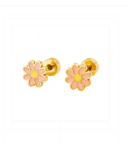 Children's Earrings:   Surgical Steel with 18k Gold IP, Pink with Yellow Daisies with Screw Backs