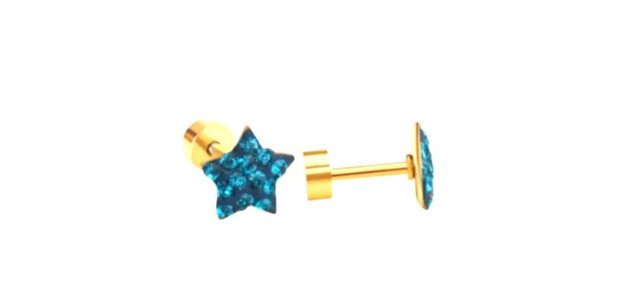 Children's Earrings:  Surgical Steel, Gold IP, Aqua CZ Star Screw Back Earrings