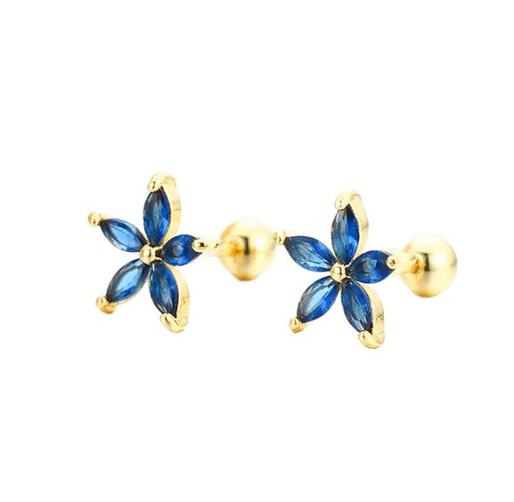 Children's Earrings:  Surgical Steel, Gold IP, with Vibrant Blue AAA CZ Flowers Reversible Screw Backs