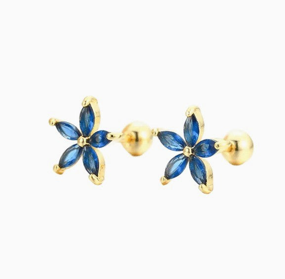 Children's Earrings:  Surgical Steel, Gold IP, with Vibrant Blue AAA CZ Flowers Reversible Screw Backs