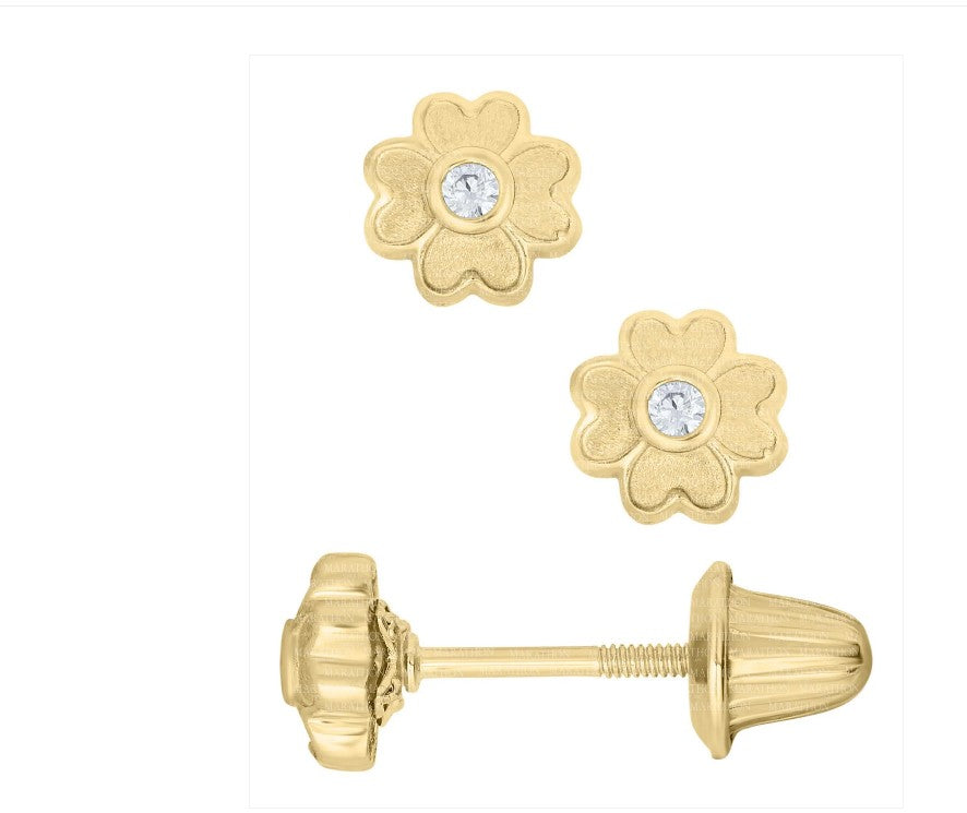 Baby Earrings:  14k Gold Petite Flowers with Central Clear CZ, with Screw Backs and Gift Box