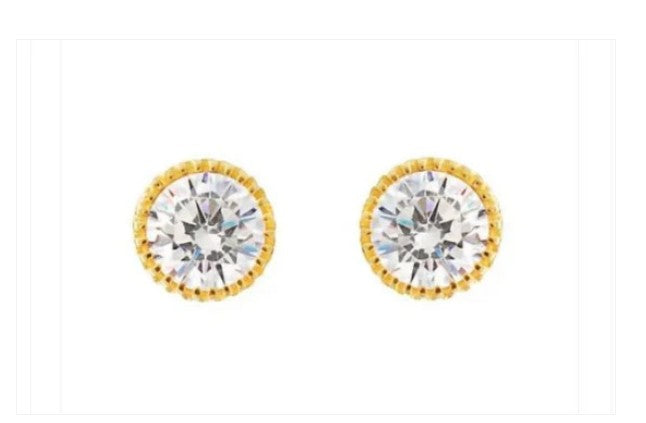 Children's and Teens' Earrings:  14k Gold Crimped, Bezel Framed AAA CZ with Screw Backs and Gift Box