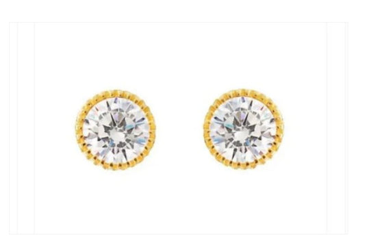 Children's and Teens' Earrings:  14k Gold Crimped, Bezel Framed AAA CZ with Screw Backs and Gift Box