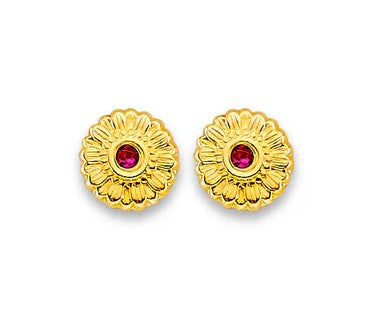 Children's and Teens' Earrings:  14k Gold Flowers with AAA Ruby CZ, wiith Screw Backs and Gift Box