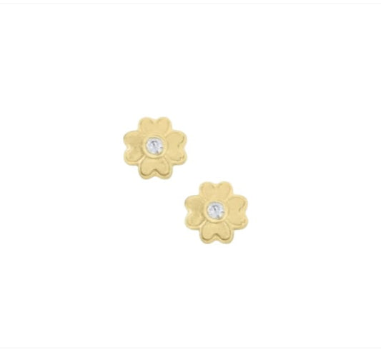 Baby Earrings:  14k Gold Petite Flowers with Central Clear CZ, with Screw Backs and Gift Box