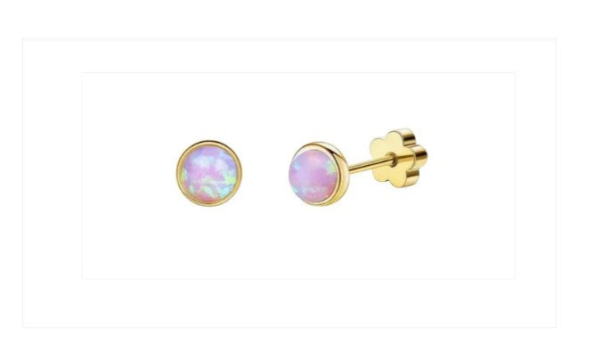 Baby Earrings:  Hypoallergenic Steel wiith Gold IP, Lab Opal Studs with Flower Shaped Screw Backs