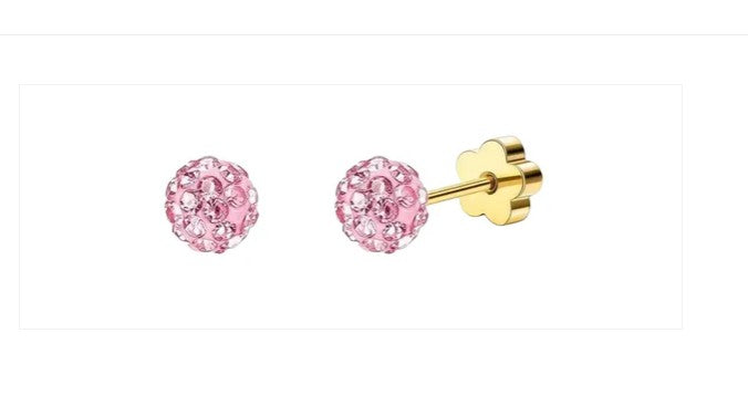 Children's, Teens' and Mothers' Earrings:  Hypoallergenic Steel with Gold IP Crystal Balls with Flower Screw Backs