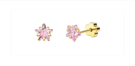 Children's Earrings:  Hypoallergenic Steel with Gold IP Pink Stars with Flower Screw Backs