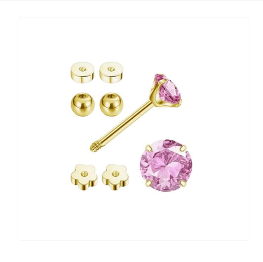 Children's Earrings:  Surgical Steel with Gold IP, 4mm Pink CZ Studs with Flower Screw Backs + 2 Sets of Spare Screw Backs