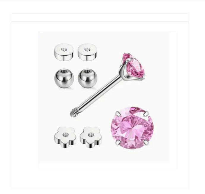 Children's Earrings:  Surgical Steel 4mm Pink CZ Studs with Flower Screw Backs + 2 Sets of Spare Screw Backs