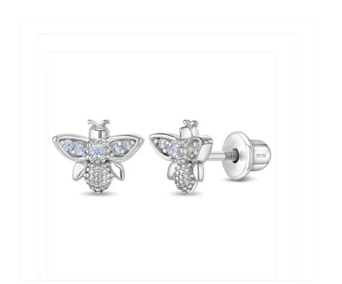 Children's Earrings:  Sterling Silver Bejewelled Bees with Screw Backs and Gift Box