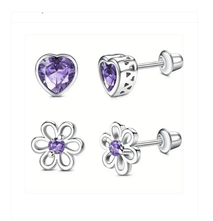 Children's Earrings:  Set:  Sterling silver Bezel Set Amethyst CZ Hearts and CZ Flowers with Screw Backs