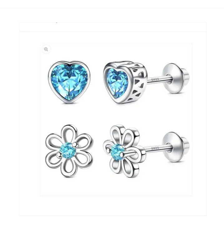 Children's Earrings:  Set:  Sterling Silver Bezel Set Blue CZ Hearts and CZ Flowers with Screw Backs