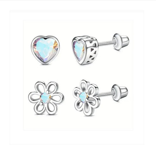 Children's Earrings:  Set:  Sterling silver Bezel Set Aurora Borealis CZ Hearts and CZ Flowers with Screw Backs