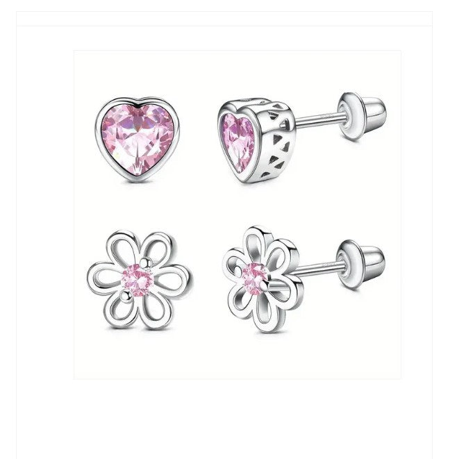 Children's Earrings:  Set:  Sterling silver Bezel Set Pink CZ Hearts and Pink CZ Flowers with Screw Backs