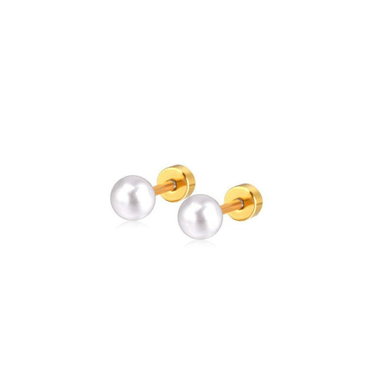 Children's, Teens' and Mothers' Earrings:  Surgical Steel, Gold IP 5mm Pearl Studs with Screw Backs