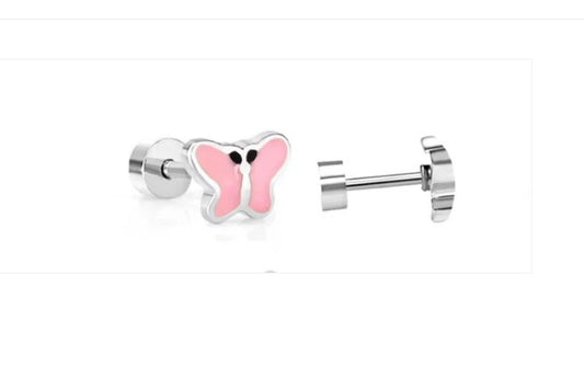 Baby and Children's Earrings:  Surgical Steel Pink Enamelled Butterflies with Screw Backs