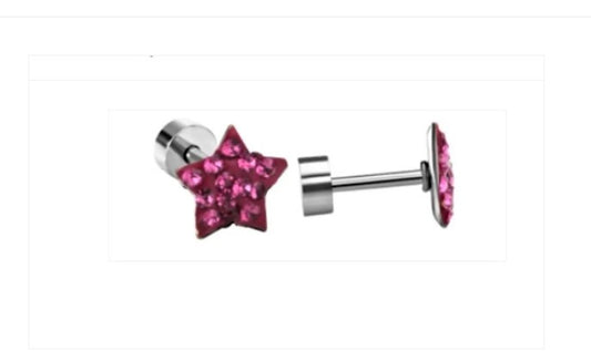 Children's Earrings:  Surgical Steel, Dark Pink CZ Star Screw Back Earrings