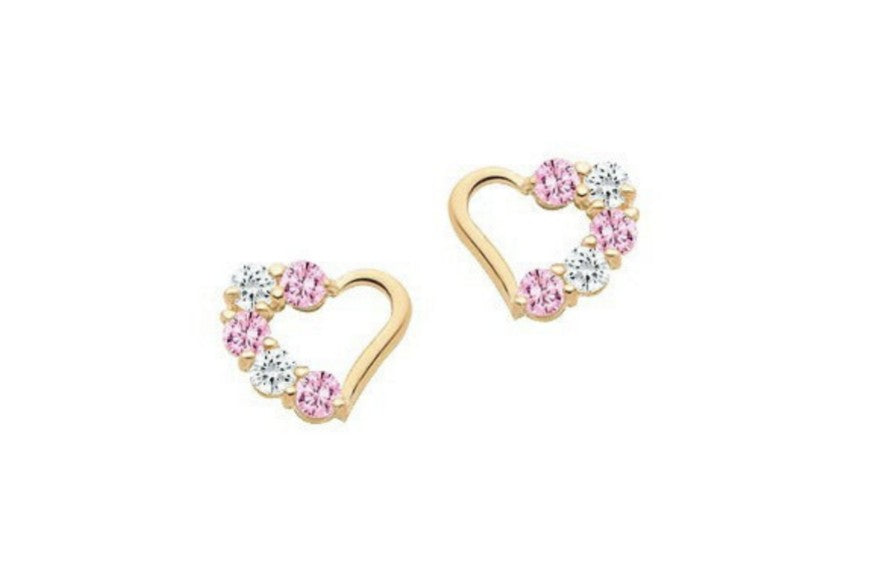 Children's and Teens' Earrings:  14k Gold Open Hearts Encrusted with Clear CZ, with Screw Backs and Gift Box