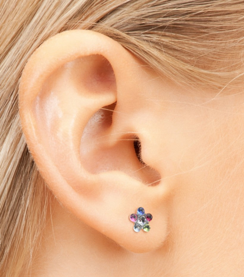 Baby and Children's Earrings:  Hypoallergenic Steel, Flowers with Colourful CZ, with Screw Backs