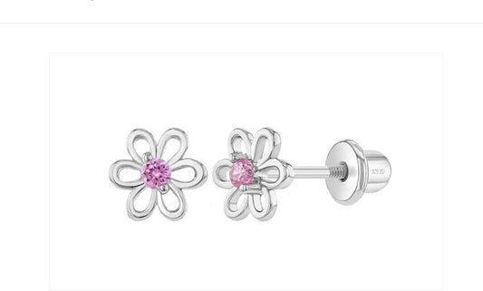 Baby Earrings:  Sterling Silver Pink CZ Open Flower Screw Back Earrings